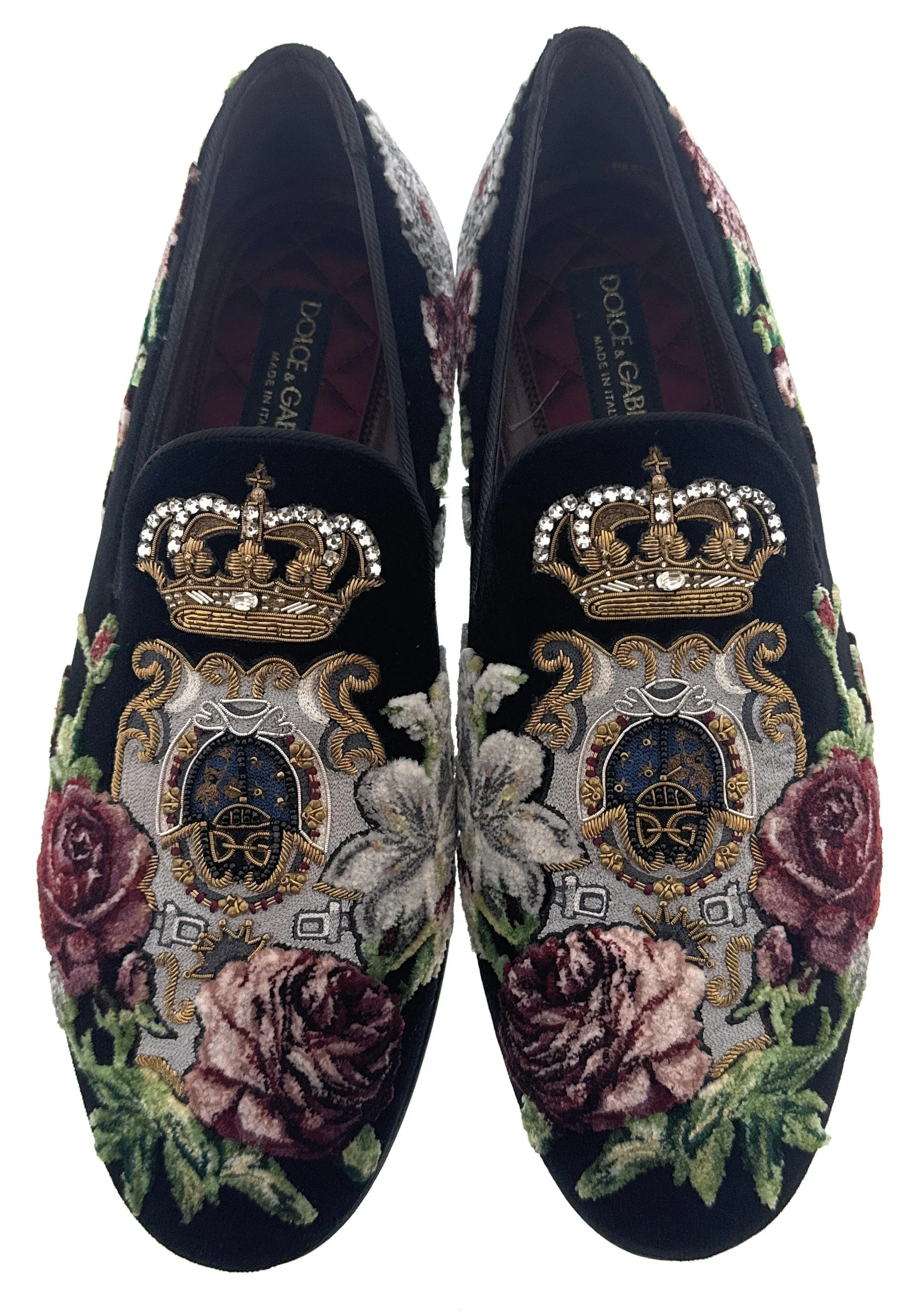 Dolce & Gabbana Mens Black Velvet Embroidered Loafers Slip-On Dress Shoes-EU40
