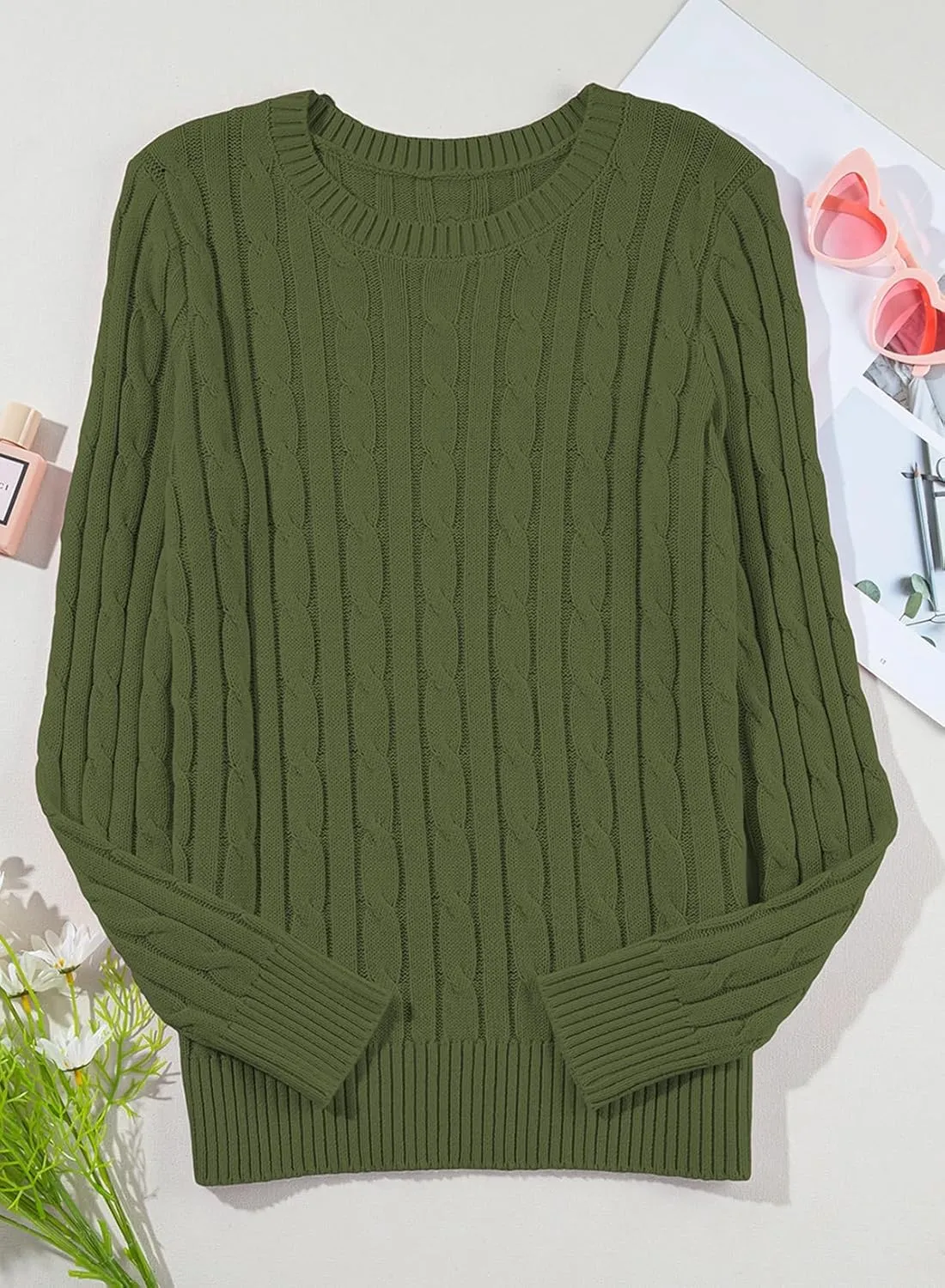 EVALESS Womens Cable Knitted Old Money Pullover Sweater Crewneck Business Casual Long Sleeve Tops