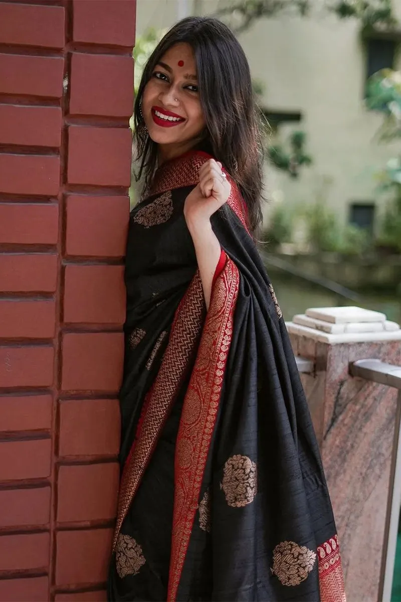 Evocative Black Soft Silk Saree With Impressive Blouse Piece