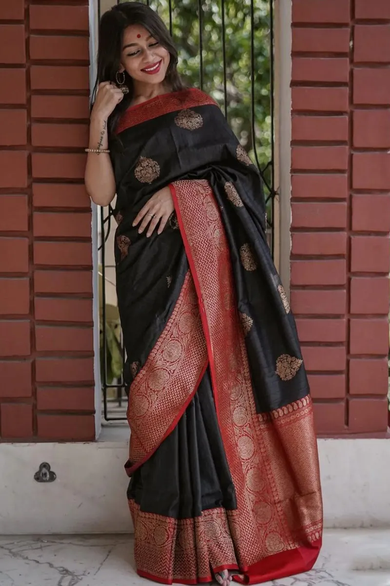 Evocative Black Soft Silk Saree With Impressive Blouse Piece