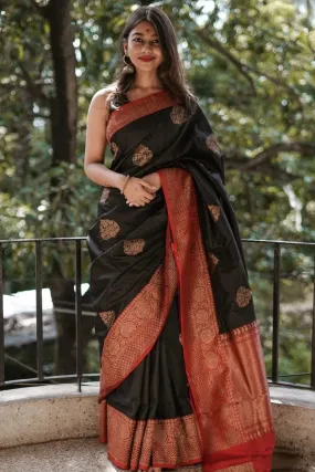 Evocative Black Soft Silk Saree With Impressive Blouse Piece