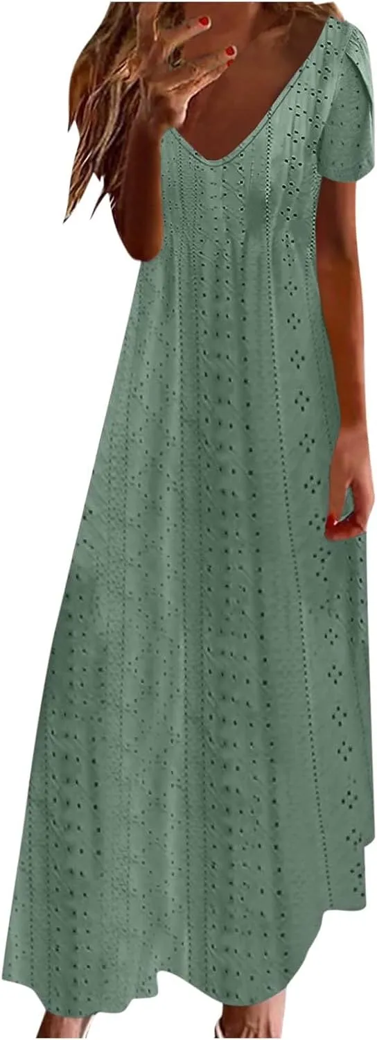 Eyelet Summer Dress for Women 2025 Beach Vacation Maxi Sundress Petal Sleeves Tshirts Dress A Line Flowy Long Dress