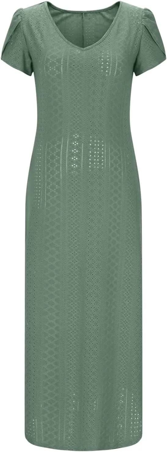Eyelet Summer Dress for Women 2025 Beach Vacation Maxi Sundress Petal Sleeves Tshirts Dress A Line Flowy Long Dress