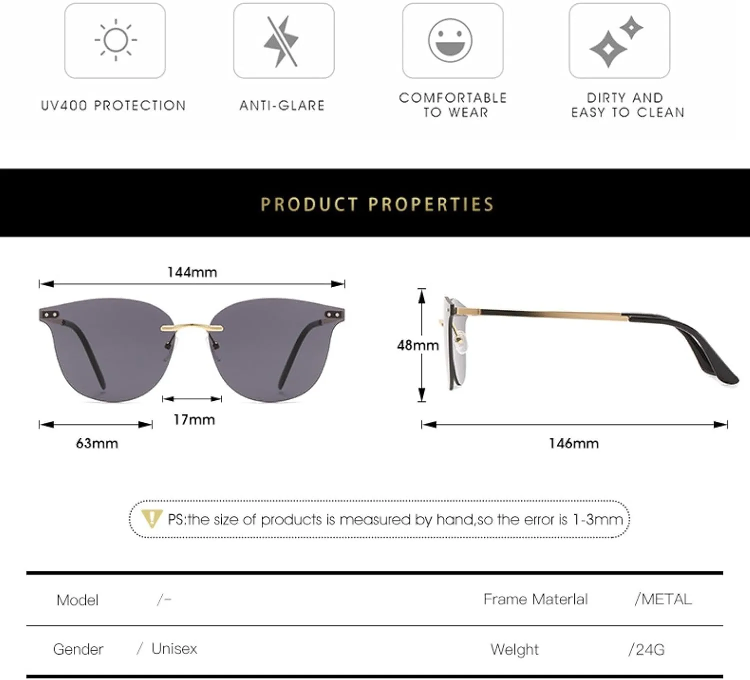 Fashion Trendy Rimless Women Men Vintage Rivet Sun Glasses Summer Traveling Uv400
