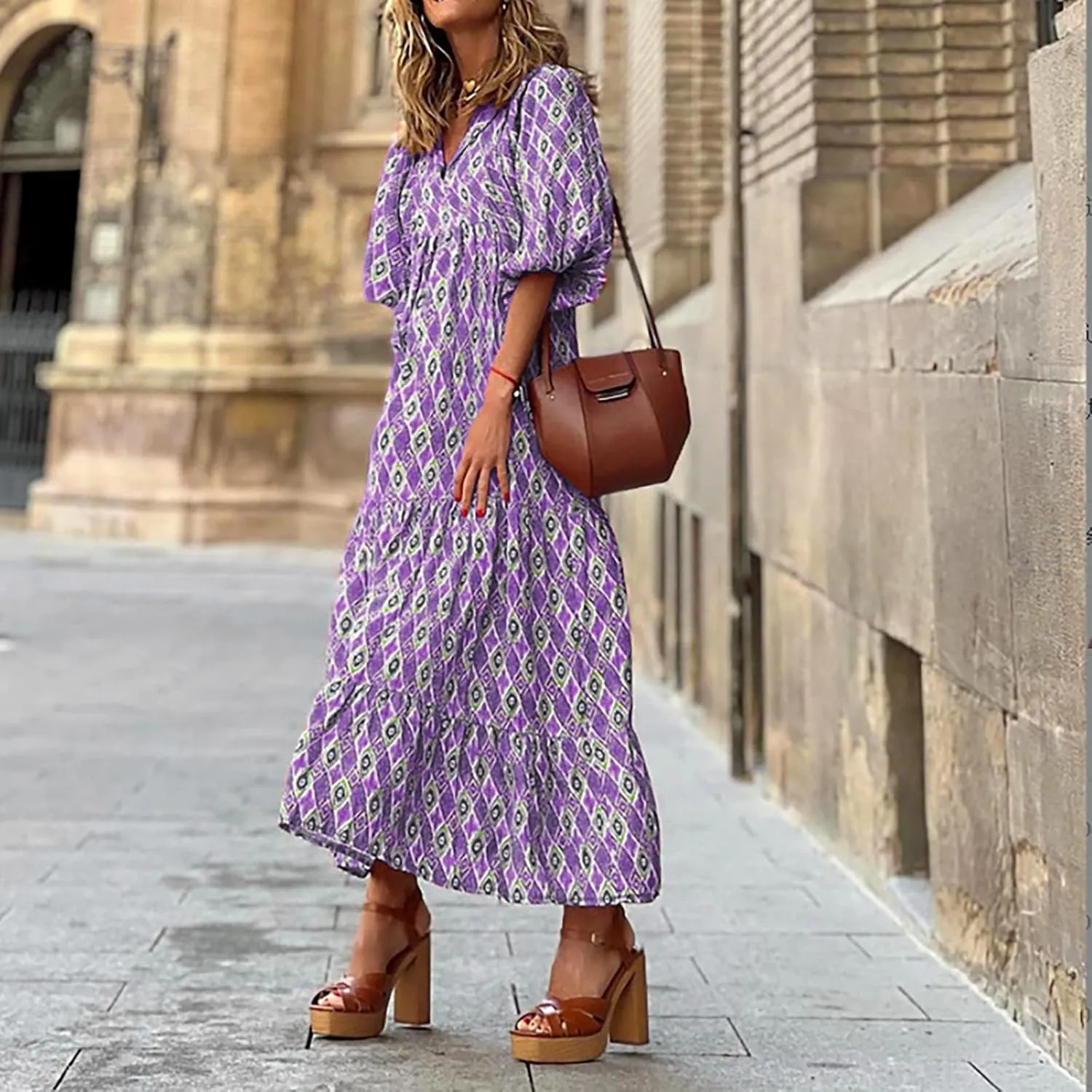 Floral Dress for Women Casual V Neck Empire Waist Boho Maxi Dress Puff Sleeve Flowy Smocked Beach Dress Summer Dress