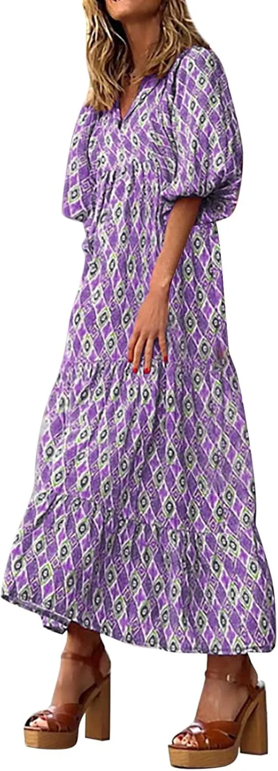 Floral Dress for Women Casual V Neck Empire Waist Boho Maxi Dress Puff Sleeve Flowy Smocked Beach Dress Summer Dress