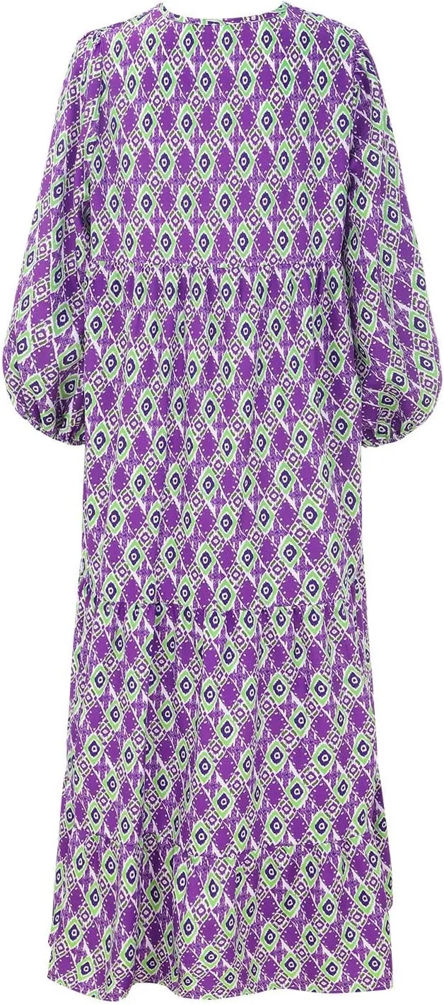 Floral Dress for Women Casual V Neck Empire Waist Boho Maxi Dress Puff Sleeve Flowy Smocked Beach Dress Summer Dress