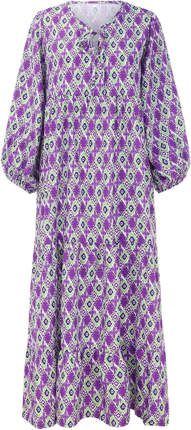 Floral Dress for Women Casual V Neck Empire Waist Boho Maxi Dress Puff Sleeve Flowy Smocked Beach Dress Summer Dress