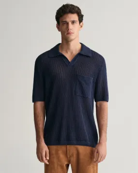 Gant Ribbed Linen Blend Short Sleeve Polo Sweater in Evening Blue