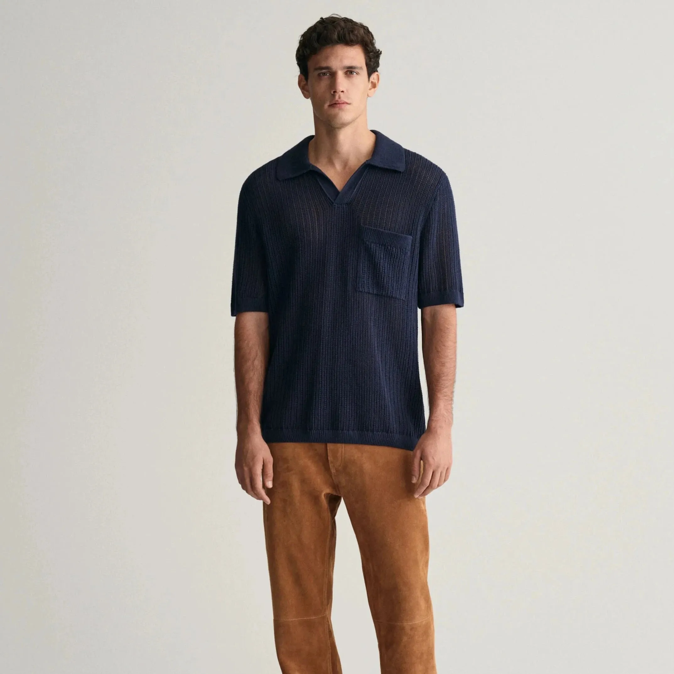 Gant Ribbed Linen Blend Short Sleeve Polo Sweater in Evening Blue