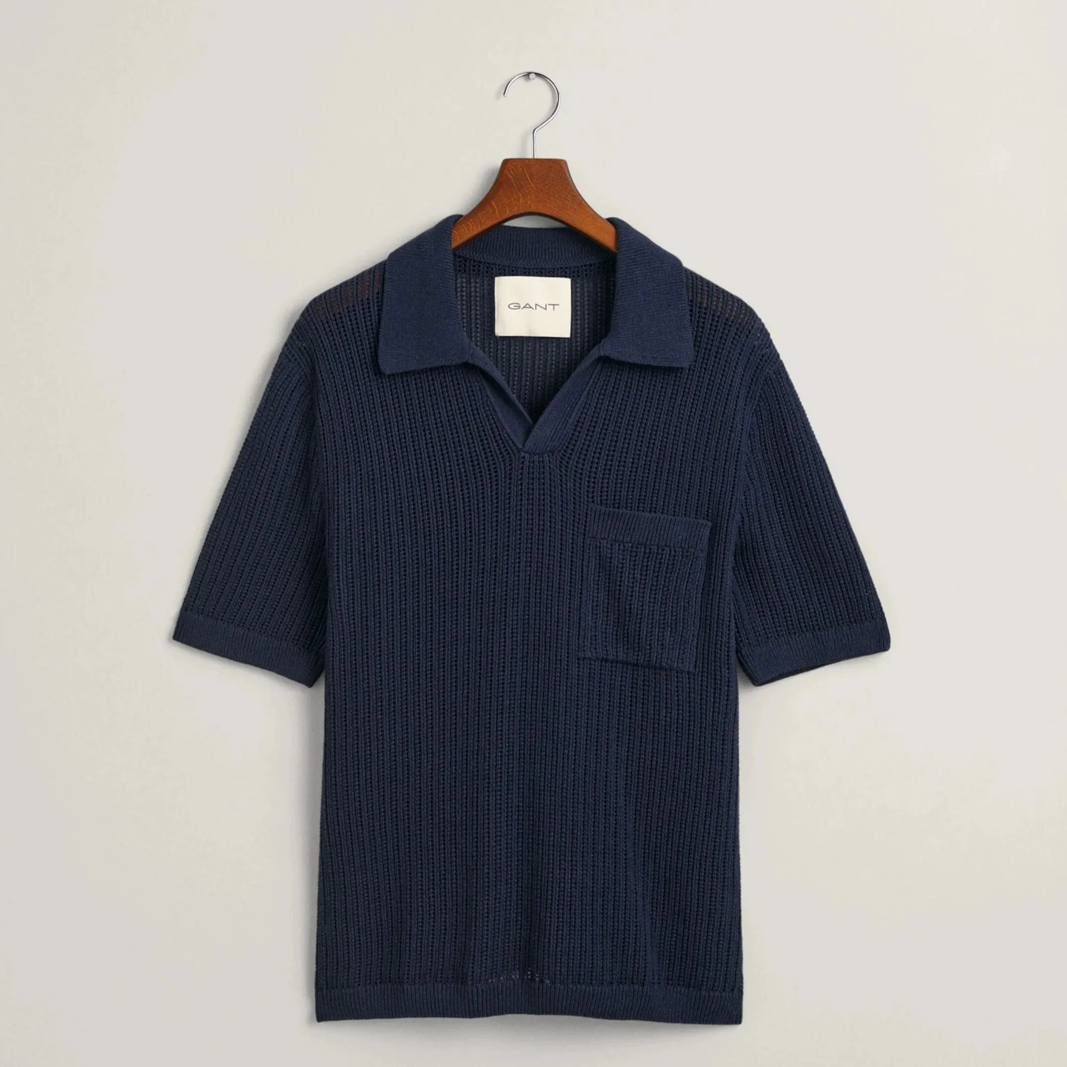 Gant Ribbed Linen Blend Short Sleeve Polo Sweater in Evening Blue
