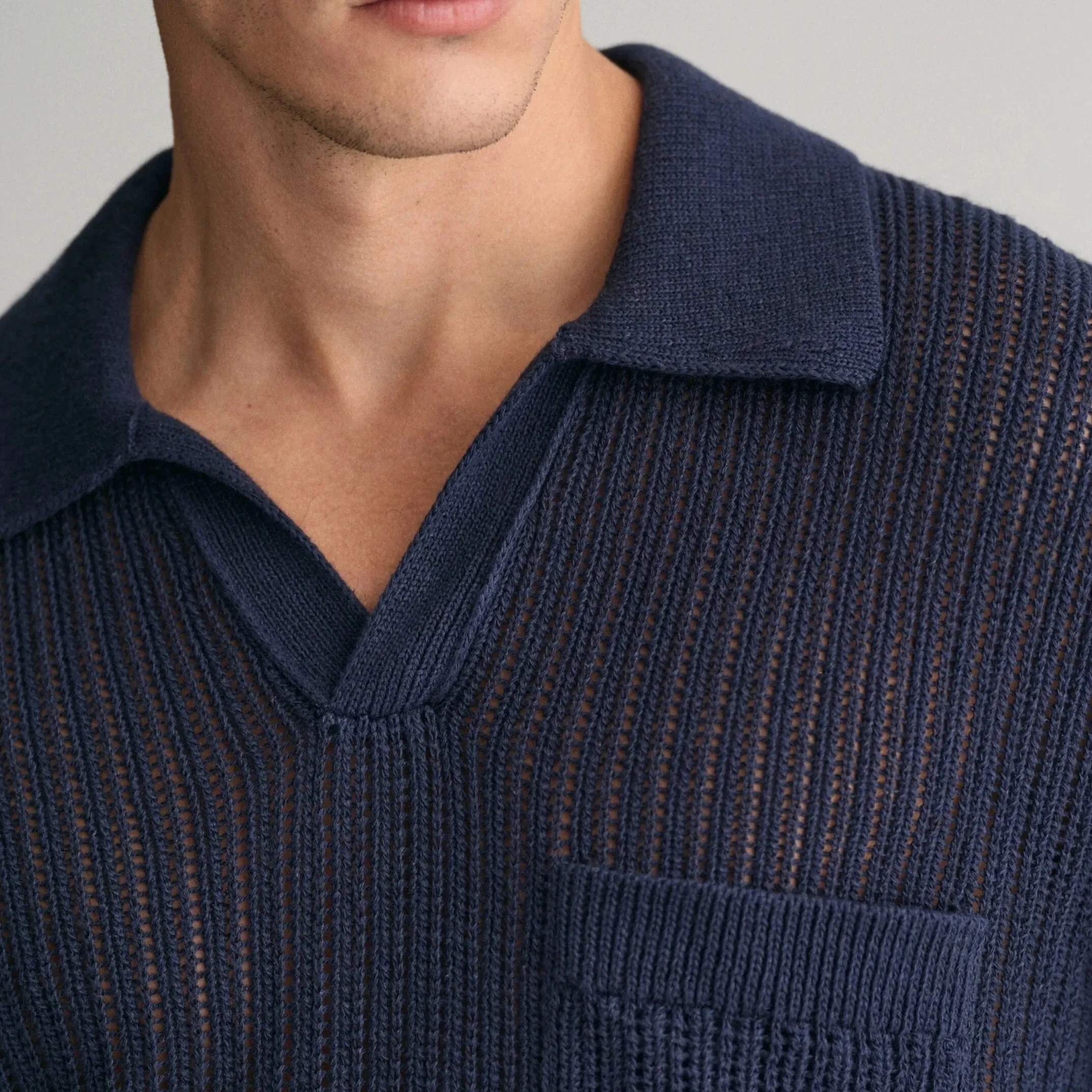 Gant Ribbed Linen Blend Short Sleeve Polo Sweater in Evening Blue