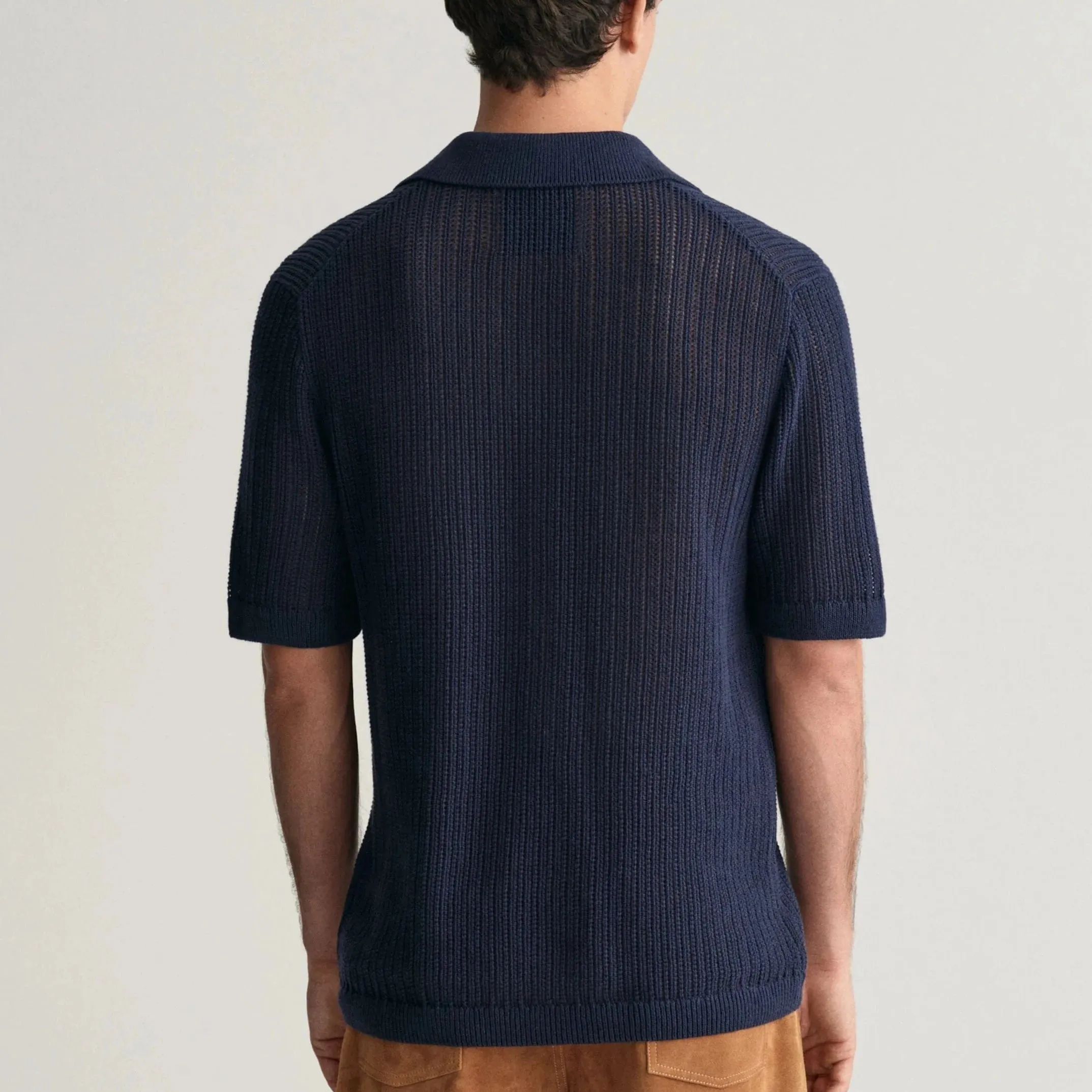 Gant Ribbed Linen Blend Short Sleeve Polo Sweater in Evening Blue