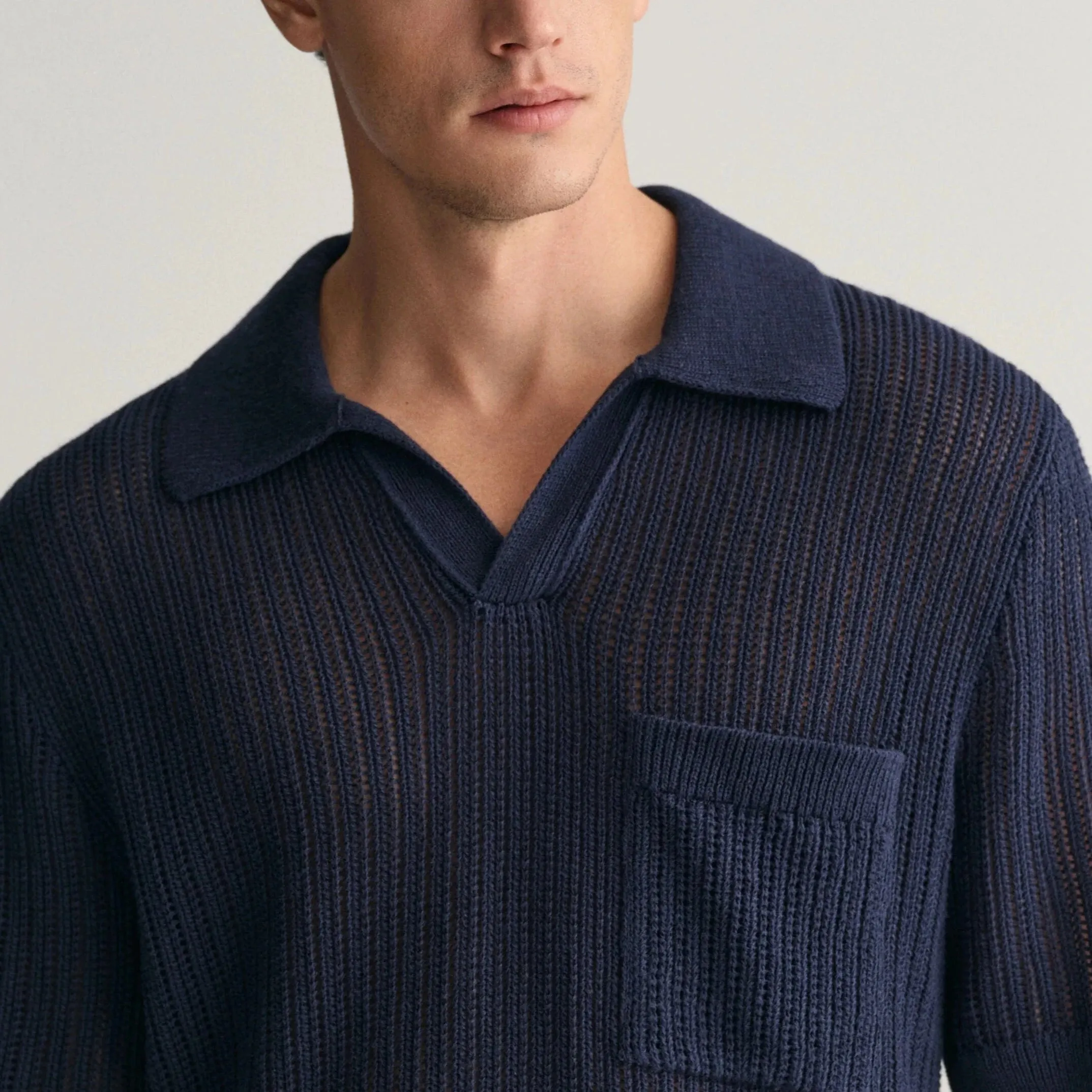 Gant Ribbed Linen Blend Short Sleeve Polo Sweater in Evening Blue
