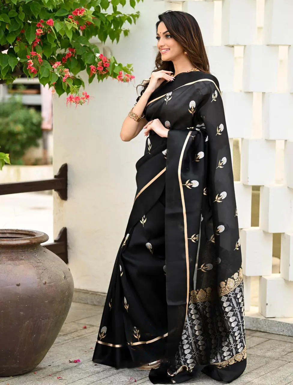 Girlish Black Soft Silk Saree With Assemblage Blouse Piece