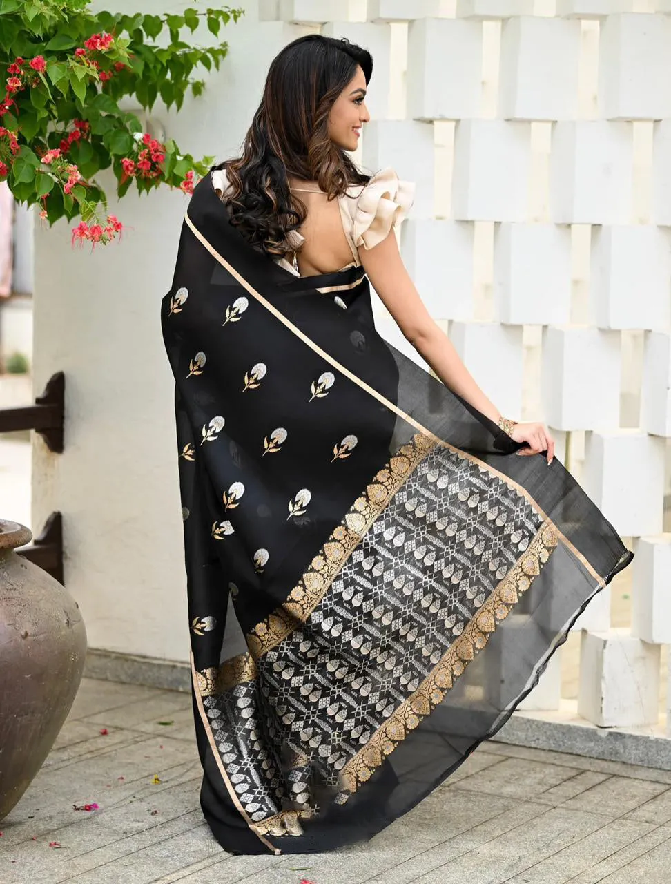 Girlish Black Soft Silk Saree With Assemblage Blouse Piece