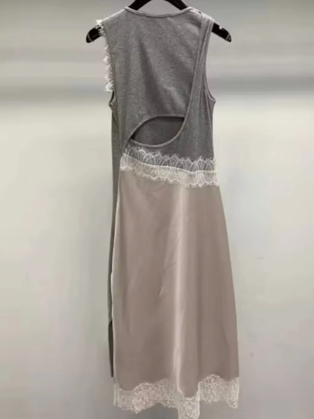 Gray mix fabrics lace edge spaghetti tube maxi dress