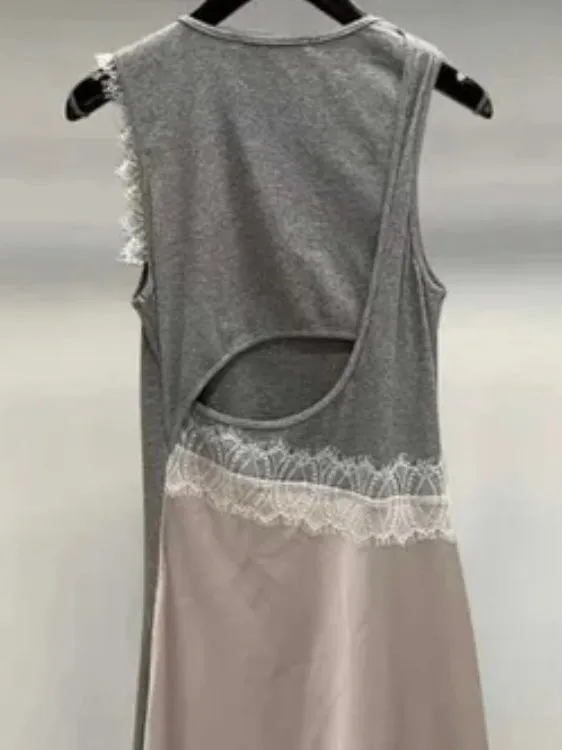 Gray mix fabrics lace edge spaghetti tube maxi dress