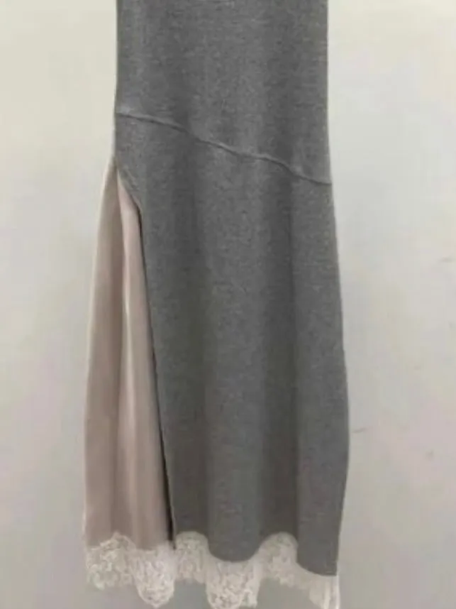 Gray mix fabrics lace edge spaghetti tube maxi dress
