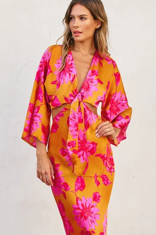 Hannah Kimono Sleeve Floral Print Cut Out Midi Dress Orange