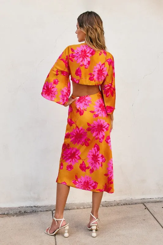 Hannah Kimono Sleeve Floral Print Cut Out Midi Dress Orange