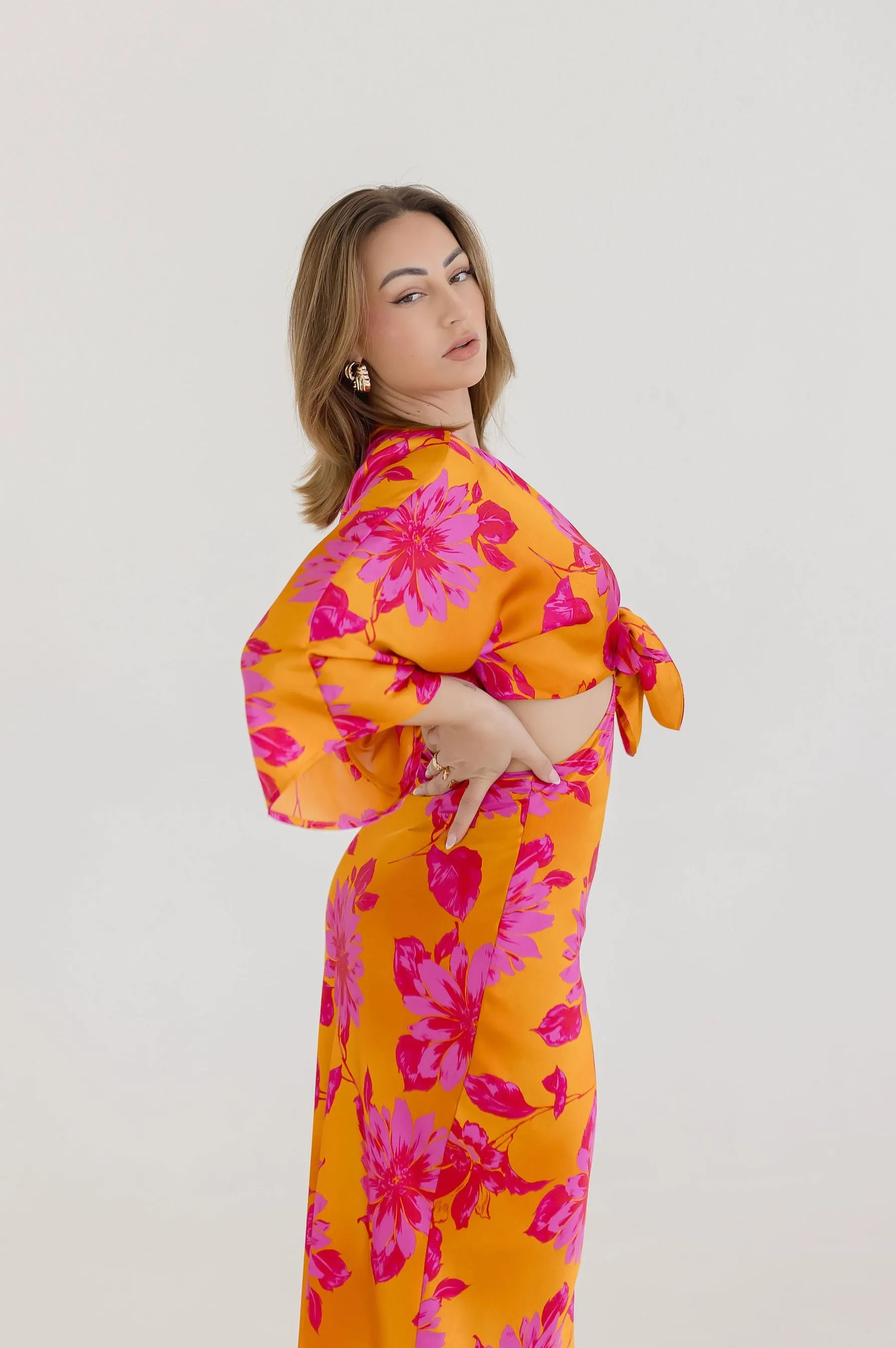 Hannah Kimono Sleeve Floral Print Cut Out Midi Dress Orange