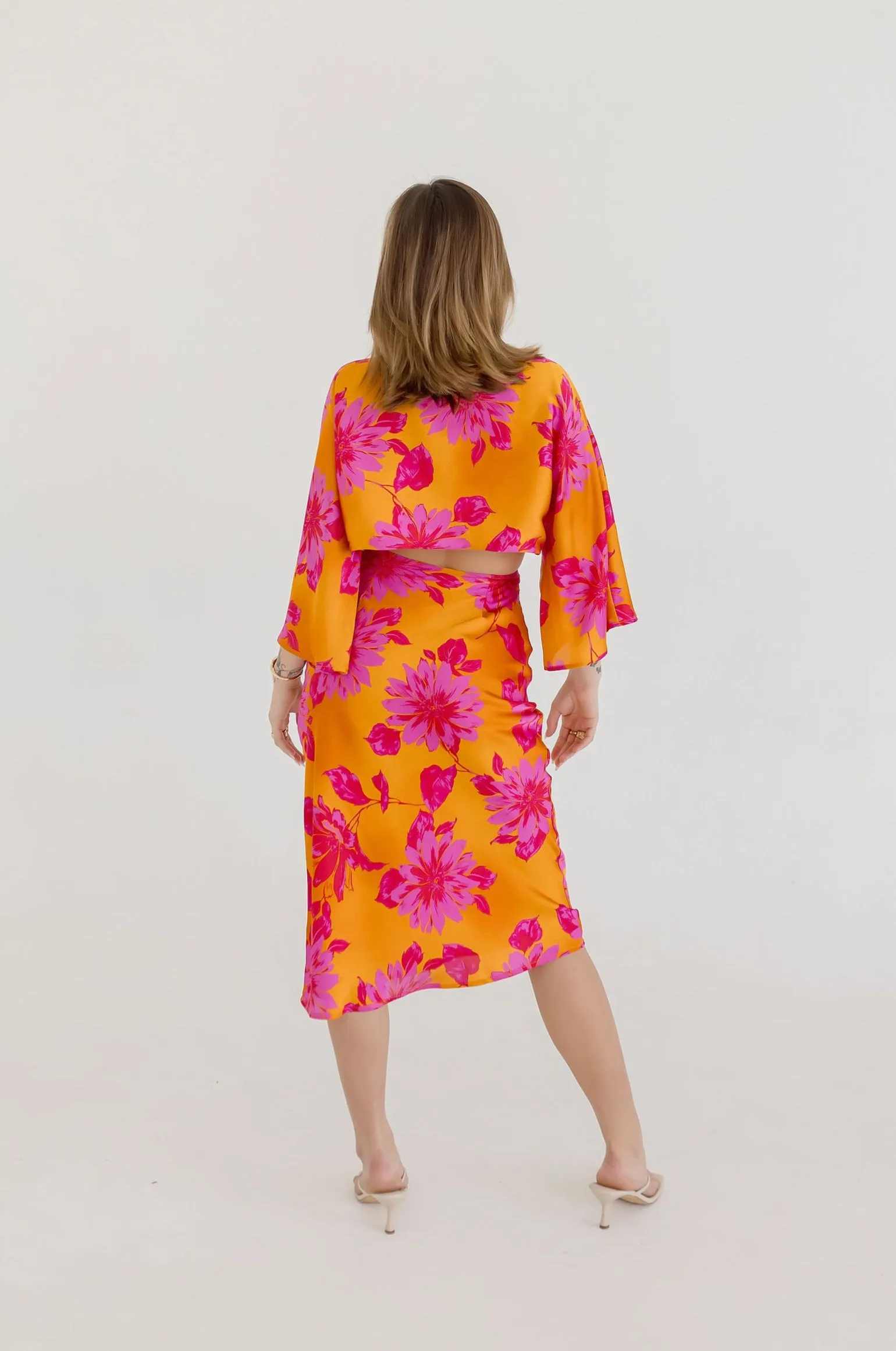 Hannah Kimono Sleeve Floral Print Cut Out Midi Dress Orange