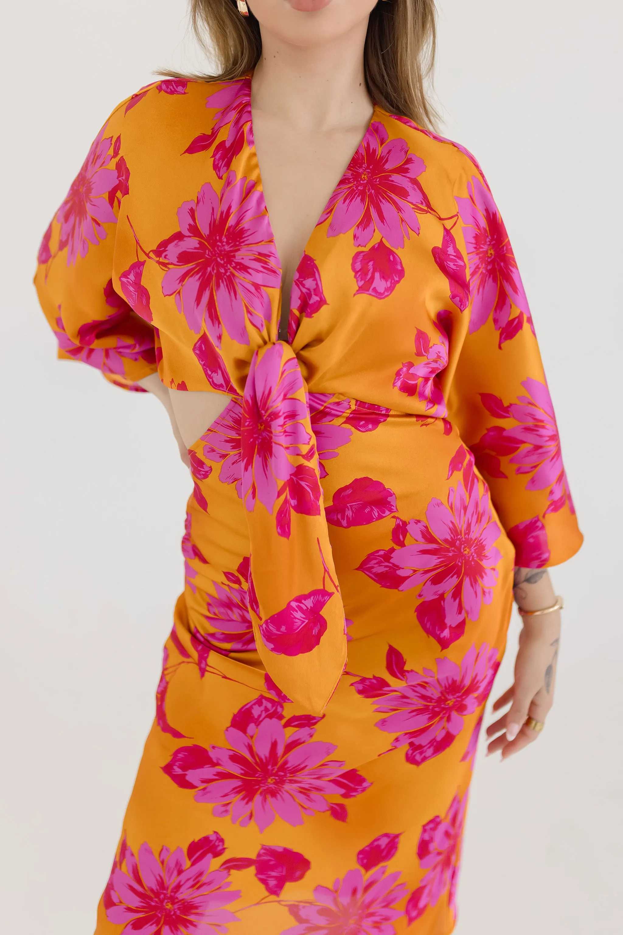 Hannah Kimono Sleeve Floral Print Cut Out Midi Dress Orange