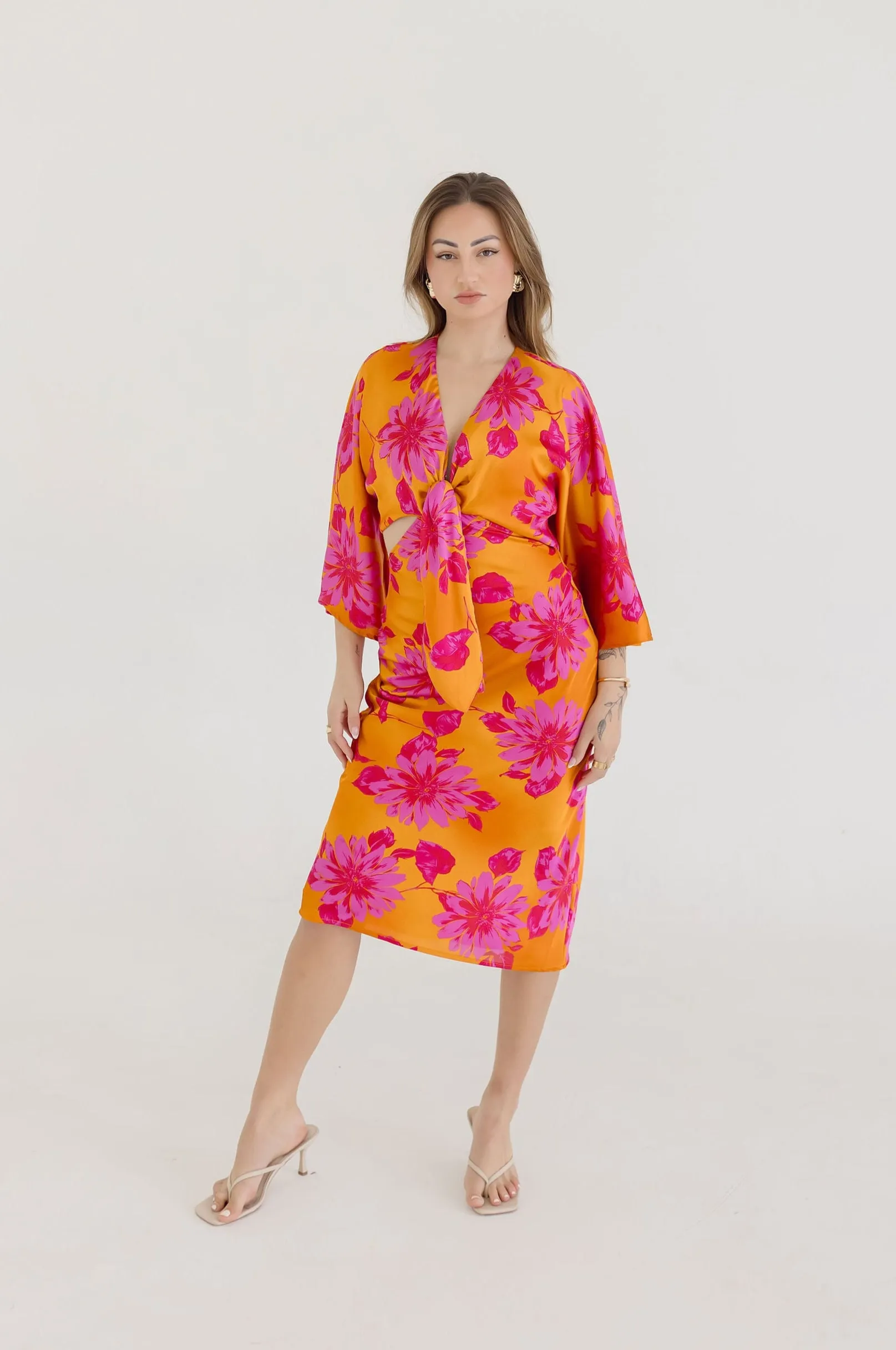 Hannah Kimono Sleeve Floral Print Cut Out Midi Dress Orange