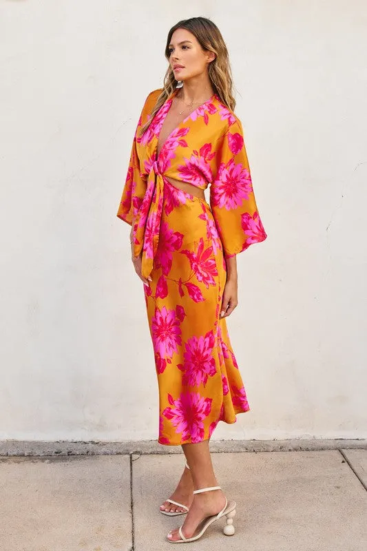 Hannah Kimono Sleeve Floral Print Cut Out Midi Dress Orange