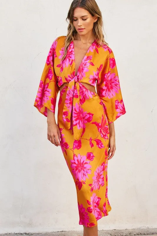 Hannah Kimono Sleeve Floral Print Cut Out Midi Dress Orange