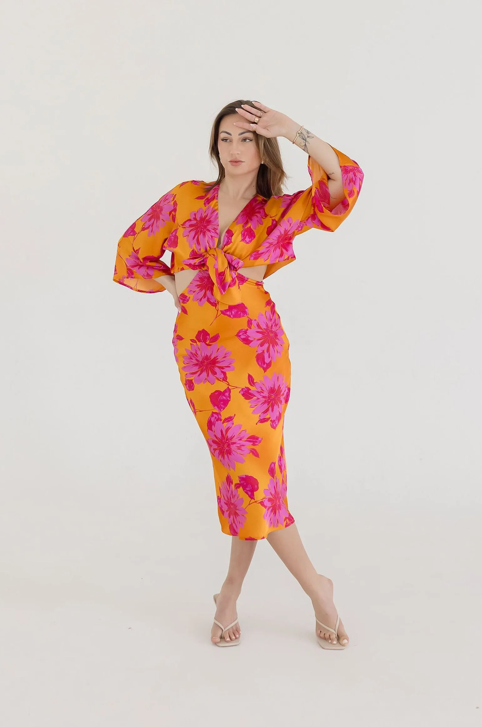 Hannah Kimono Sleeve Floral Print Cut Out Midi Dress Orange