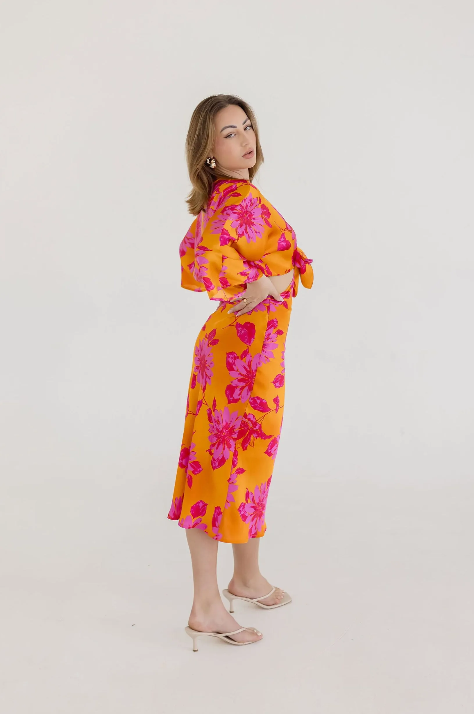 Hannah Kimono Sleeve Floral Print Cut Out Midi Dress Orange