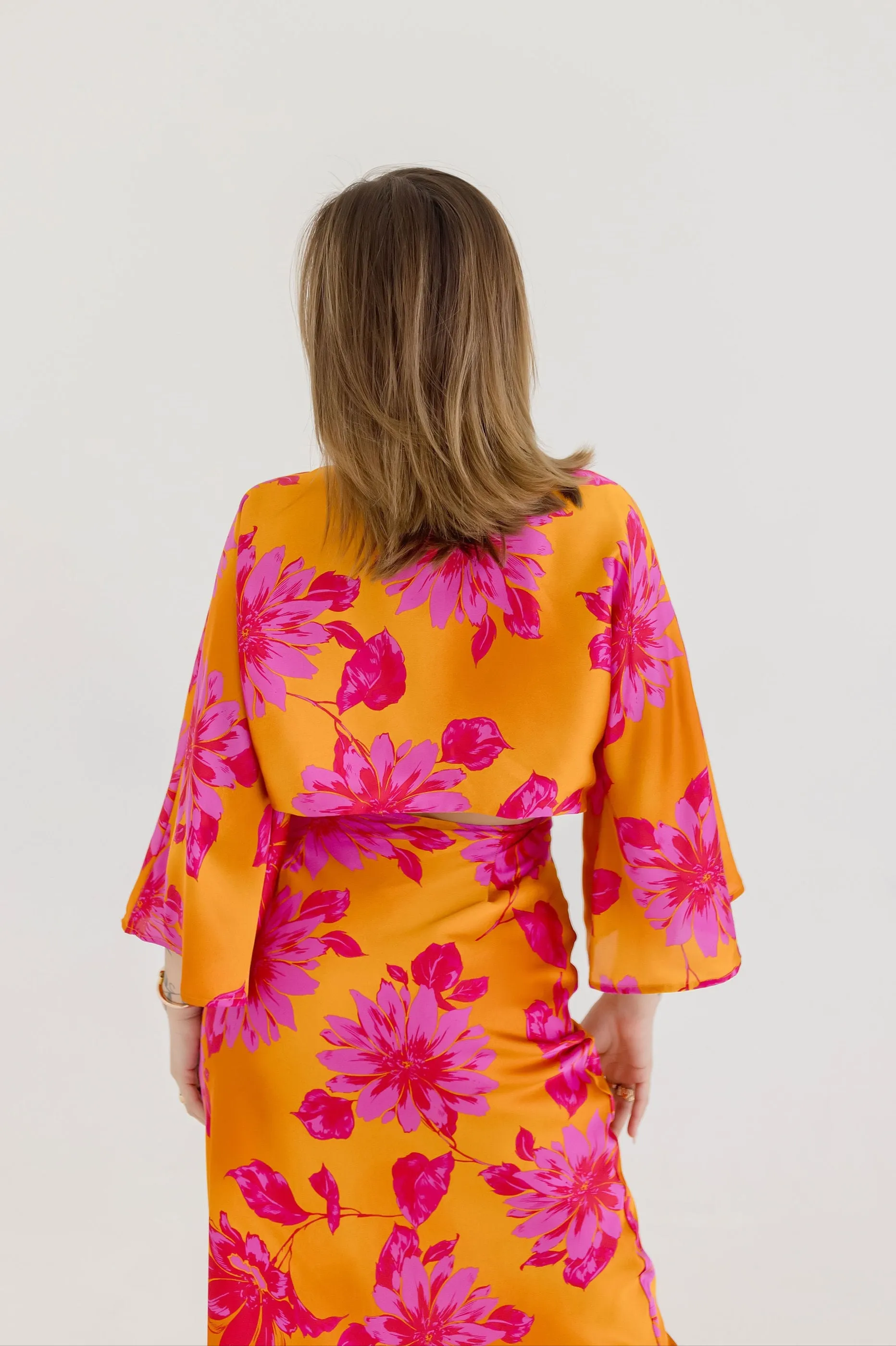 Hannah Kimono Sleeve Floral Print Cut Out Midi Dress Orange
