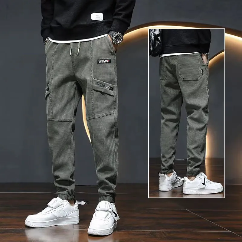 High End Mens Clothing Letter Embroidered Solid Color Pockets High Waisted Elastic Casual Pants