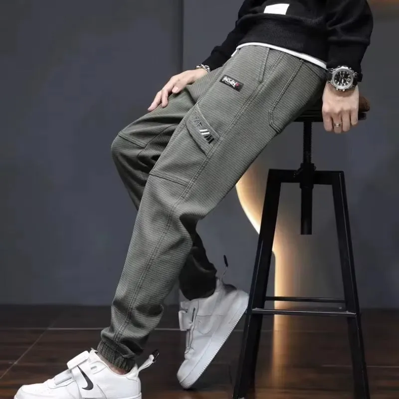 High End Mens Clothing Letter Embroidered Solid Color Pockets High Waisted Elastic Casual Pants