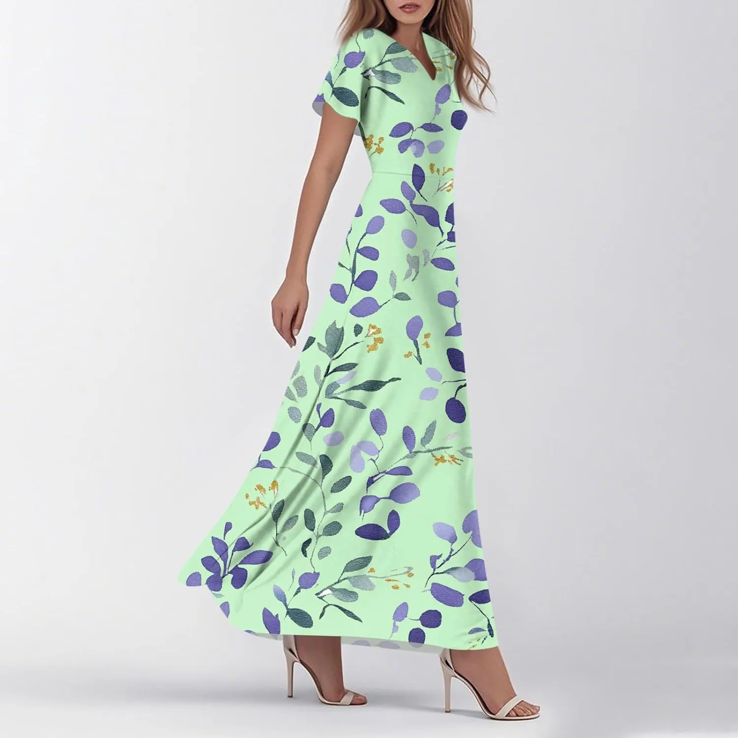 JJHAEVDY Summer Dresses for Women Loose Short Sleeve Dress V Neck Casual Maxi Dress Print Flowy Swing Beach Vacation Dress