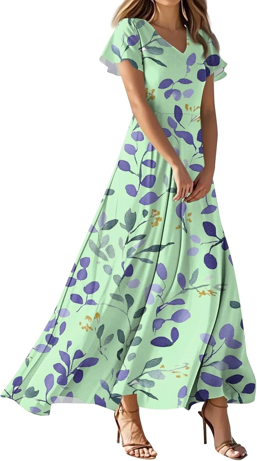 JJHAEVDY Summer Dresses for Women Loose Short Sleeve Dress V Neck Casual Maxi Dress Print Flowy Swing Beach Vacation Dress