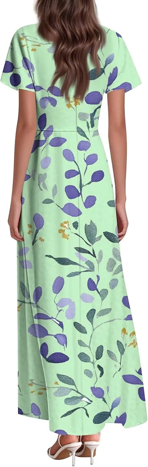 JJHAEVDY Summer Dresses for Women Loose Short Sleeve Dress V Neck Casual Maxi Dress Print Flowy Swing Beach Vacation Dress