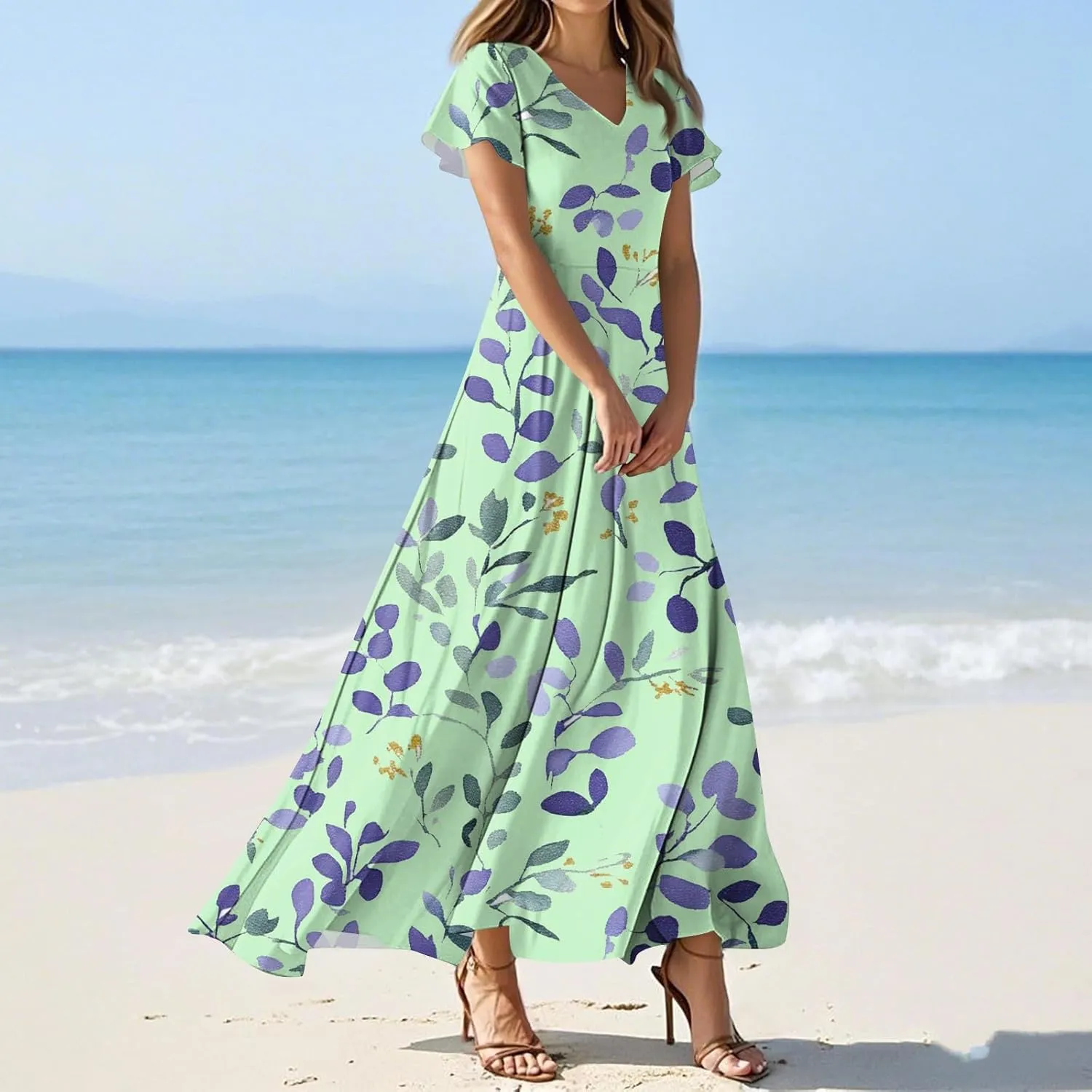 JJHAEVDY Summer Dresses for Women Loose Short Sleeve Dress V Neck Casual Maxi Dress Print Flowy Swing Beach Vacation Dress