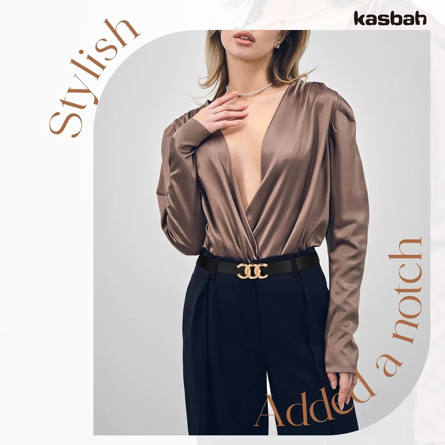 KASBAH Womens Reversible Leather Belt With Gold Buckle Two-in-One Ladies Waist Work Belt for Jeans Pants Dresses