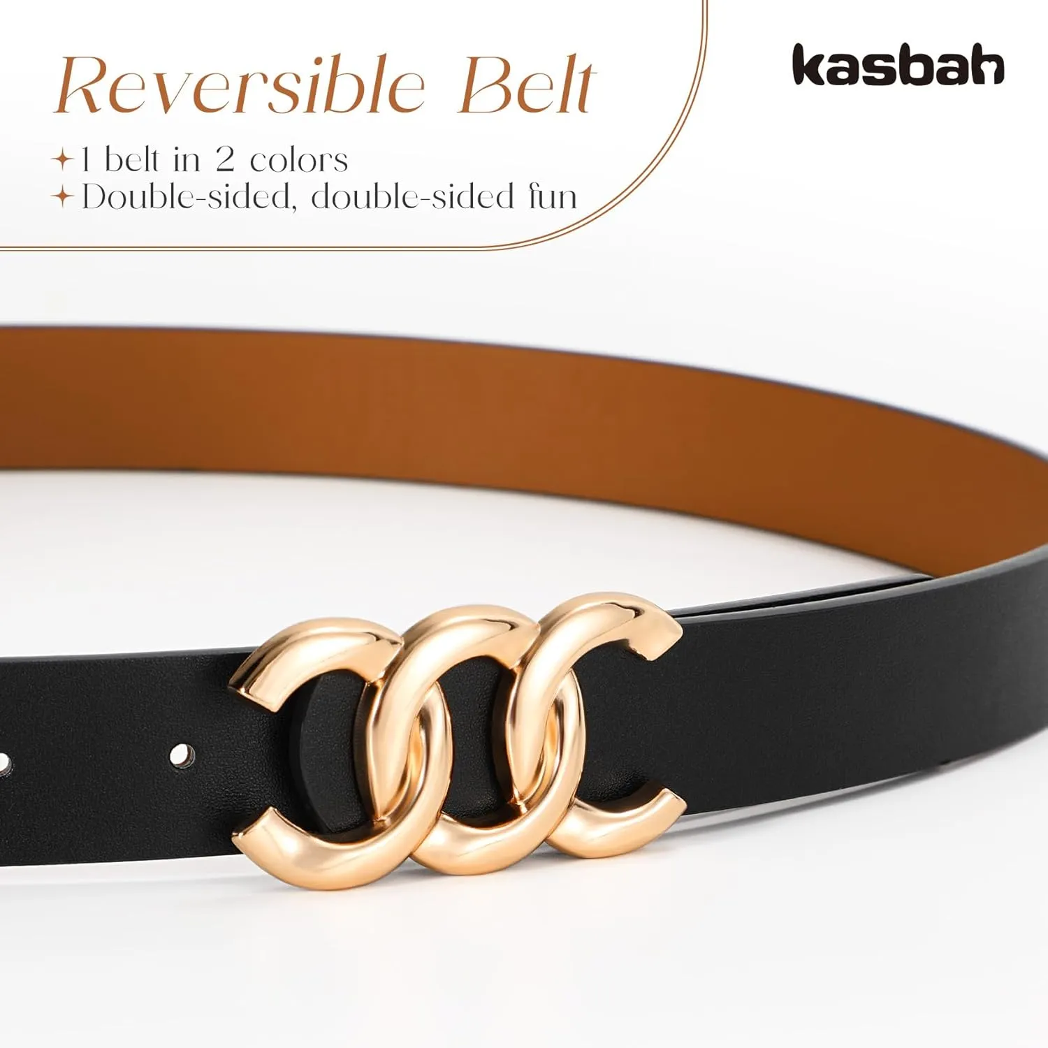 KASBAH Womens Reversible Leather Belt With Gold Buckle Two-in-One Ladies Waist Work Belt for Jeans Pants Dresses