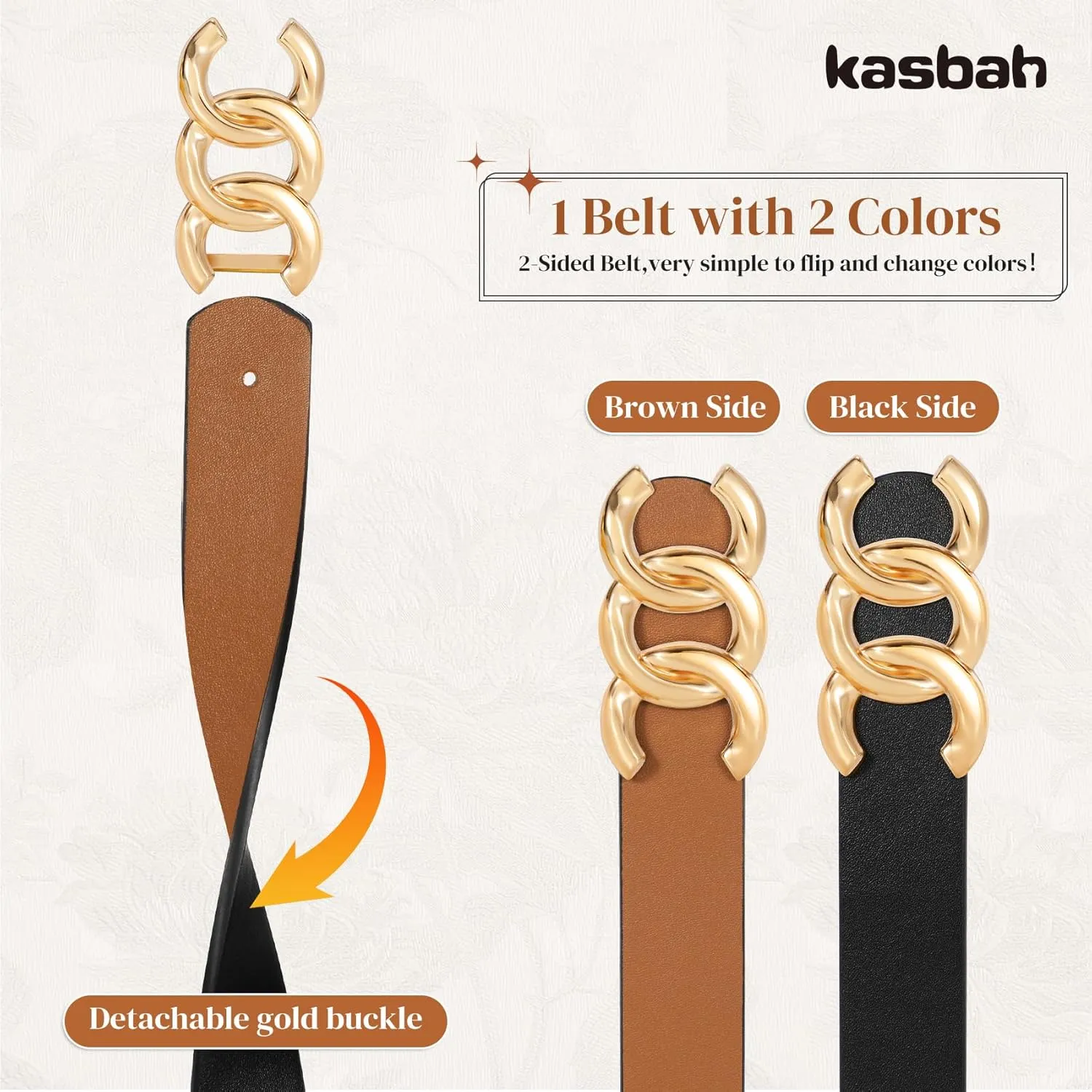 KASBAH Womens Reversible Leather Belt With Gold Buckle Two-in-One Ladies Waist Work Belt for Jeans Pants Dresses