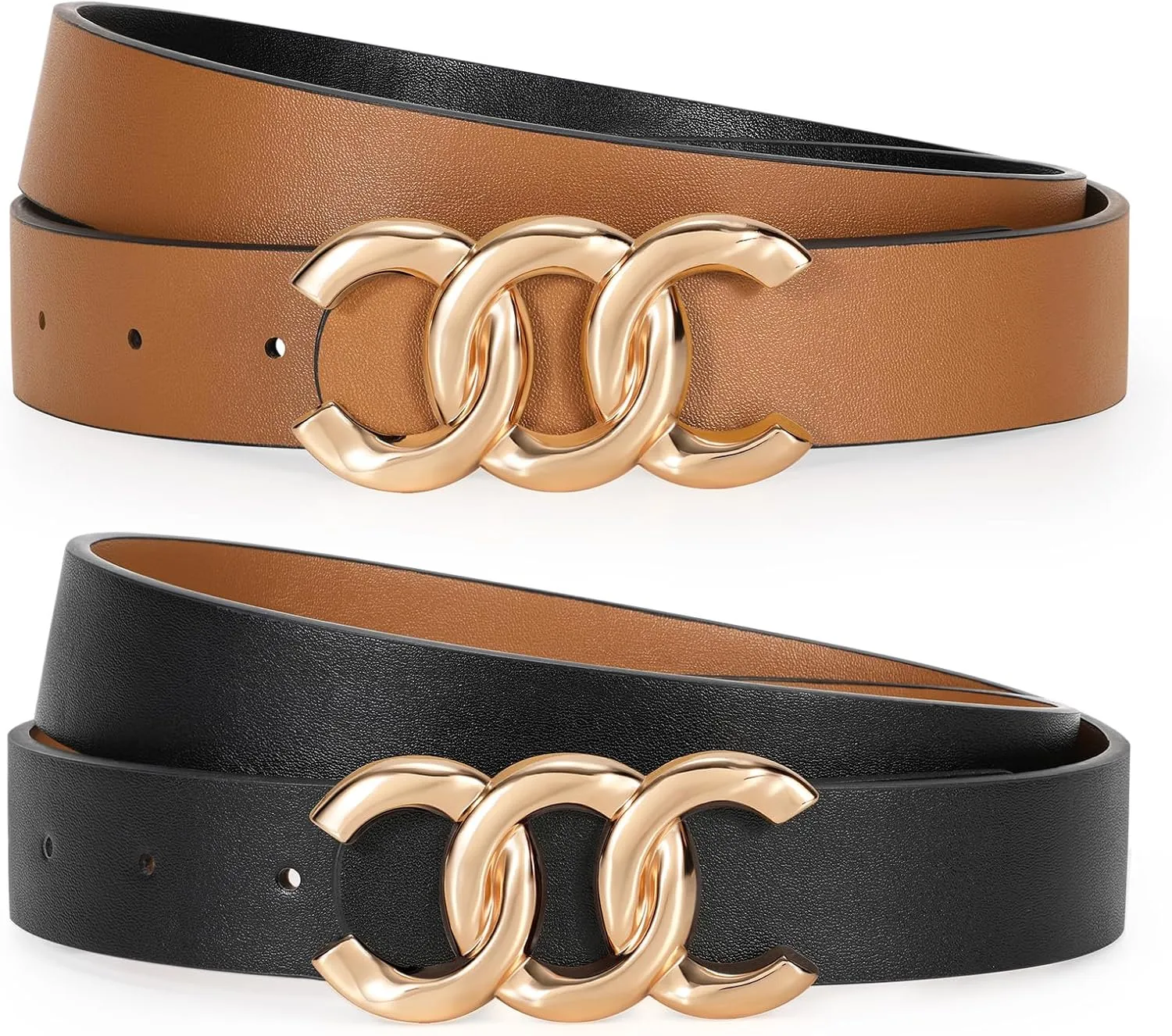 KASBAH Womens Reversible Leather Belt With Gold Buckle Two-in-One Ladies Waist Work Belt for Jeans Pants Dresses