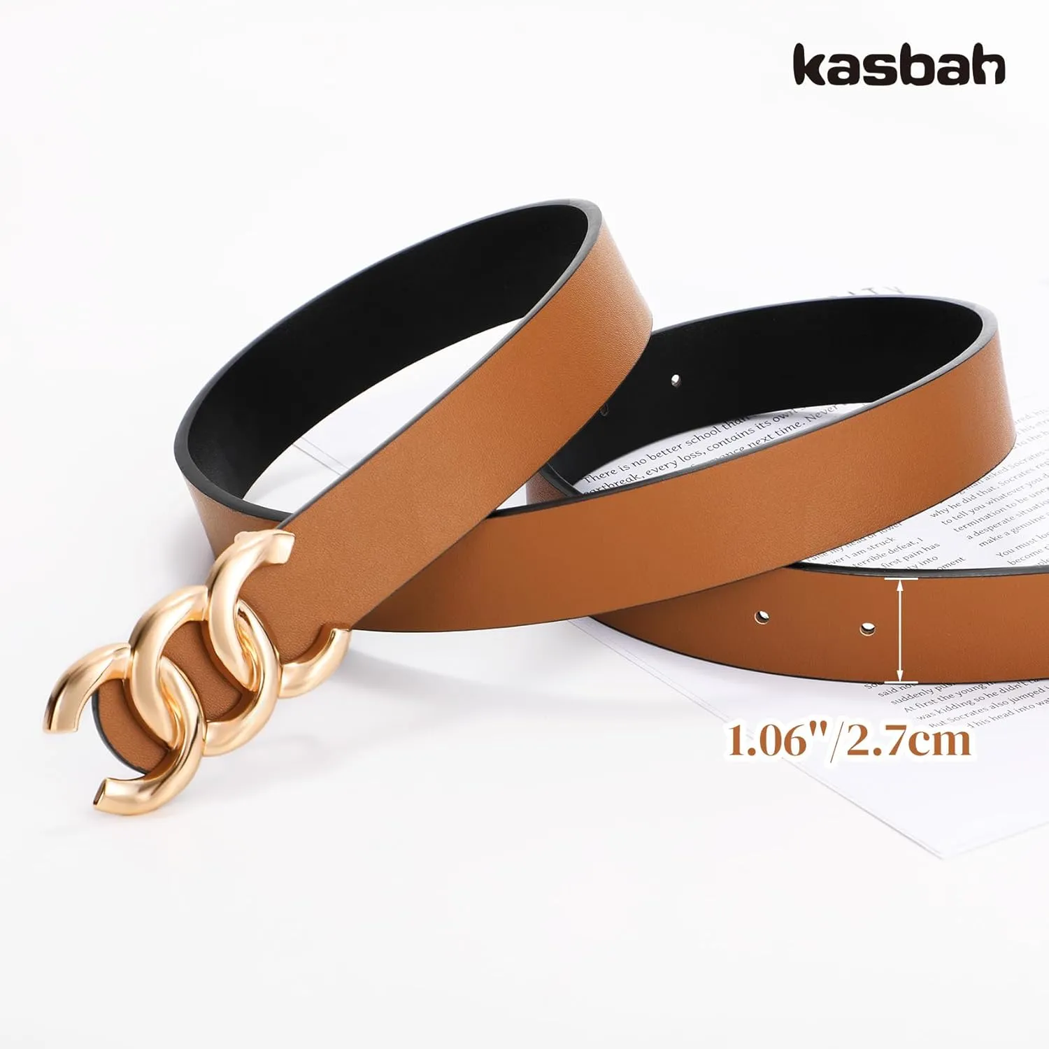 KASBAH Womens Reversible Leather Belt With Gold Buckle Two-in-One Ladies Waist Work Belt for Jeans Pants Dresses