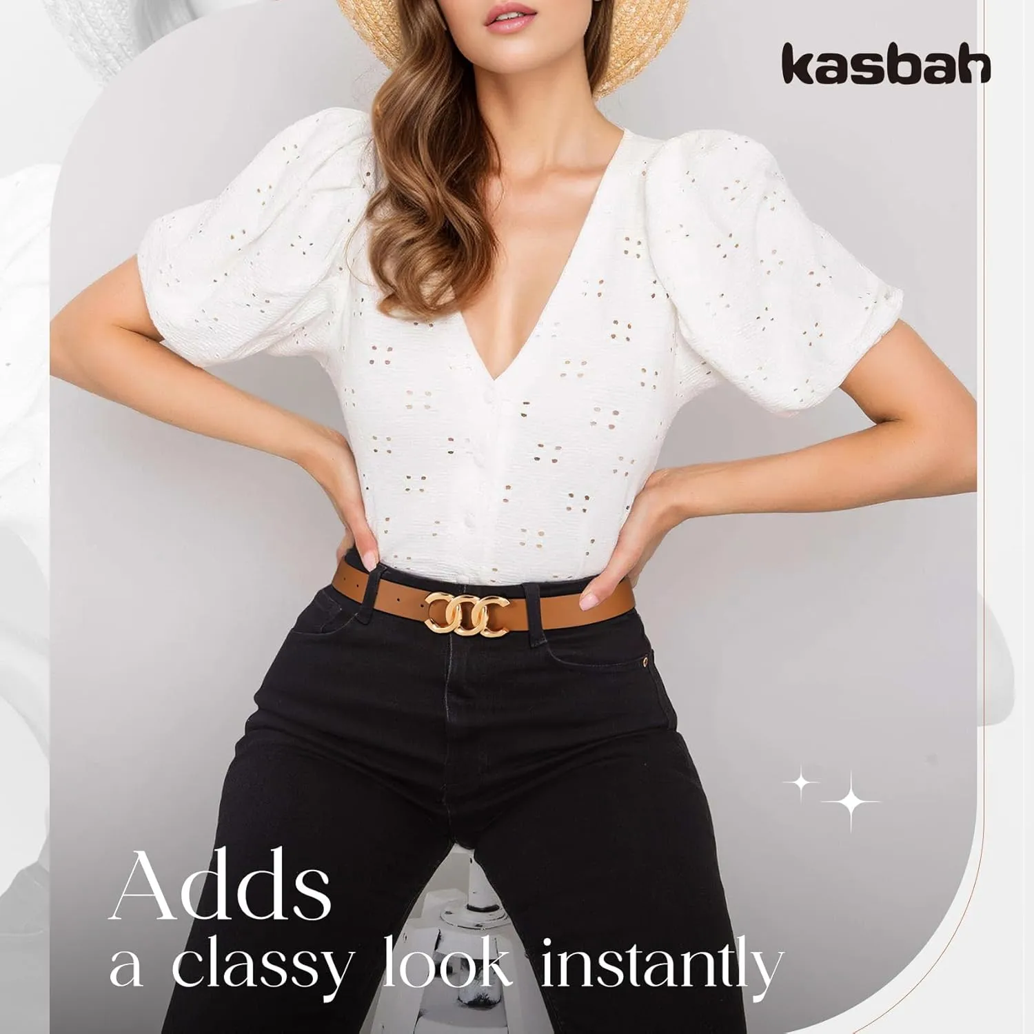 KASBAH Womens Reversible Leather Belt With Gold Buckle Two-in-One Ladies Waist Work Belt for Jeans Pants Dresses