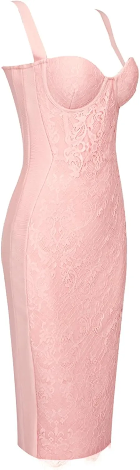 Lace Fishbone Midi Cocktail Party Bandage Dress for Women Back Slit Wedding Guest Dress
