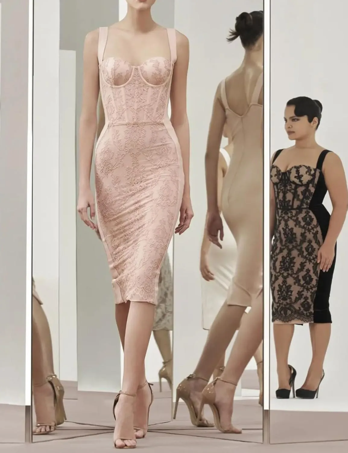 Lace Fishbone Midi Cocktail Party Bandage Dress for Women Back Slit Wedding Guest Dress