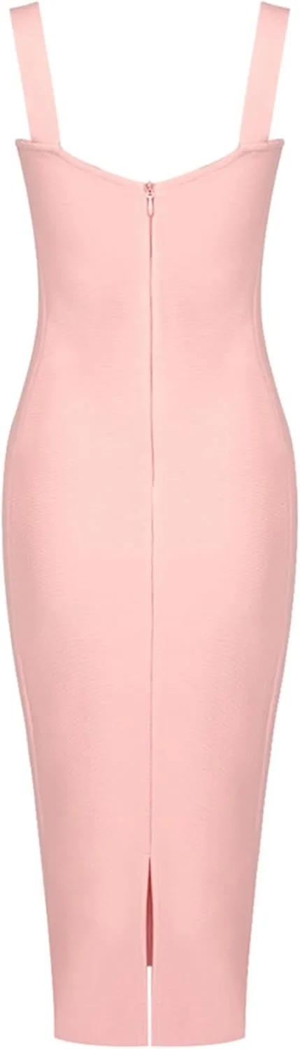 Lace Fishbone Midi Cocktail Party Bandage Dress for Women Back Slit Wedding Guest Dress