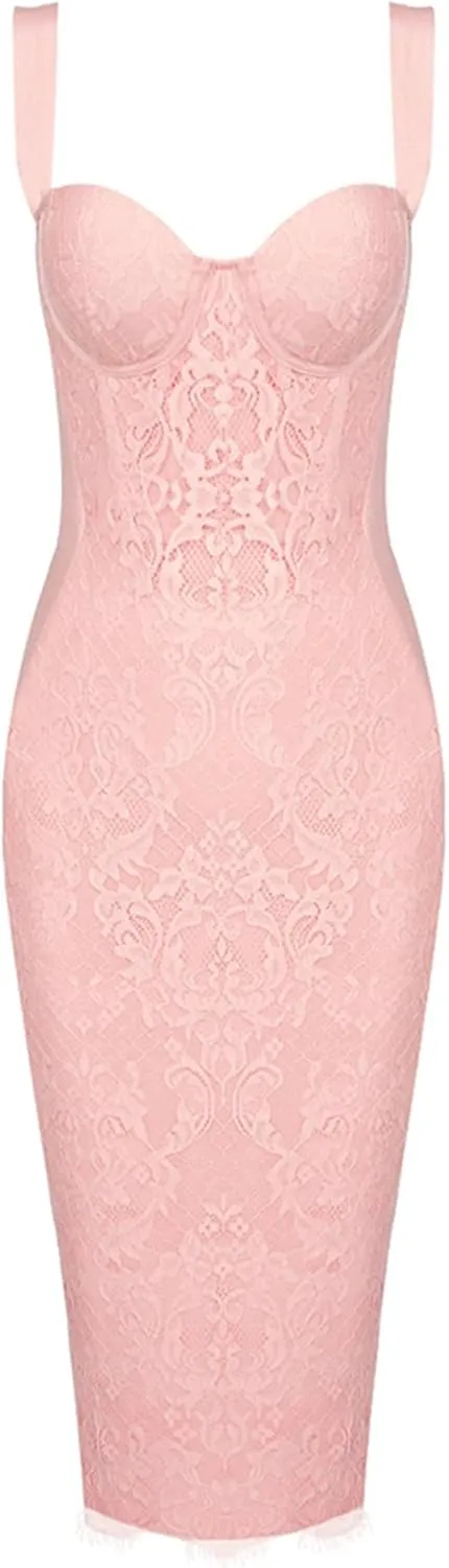 Lace Fishbone Midi Cocktail Party Bandage Dress for Women Back Slit Wedding Guest Dress